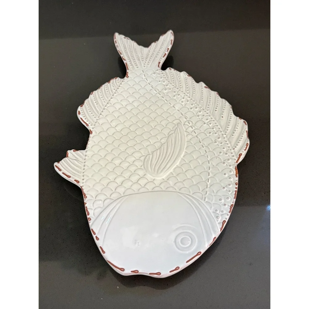 Vtg Mud‎ Pie White Ceramic Fish Platter Embossed Scale Coastal Serving Tray